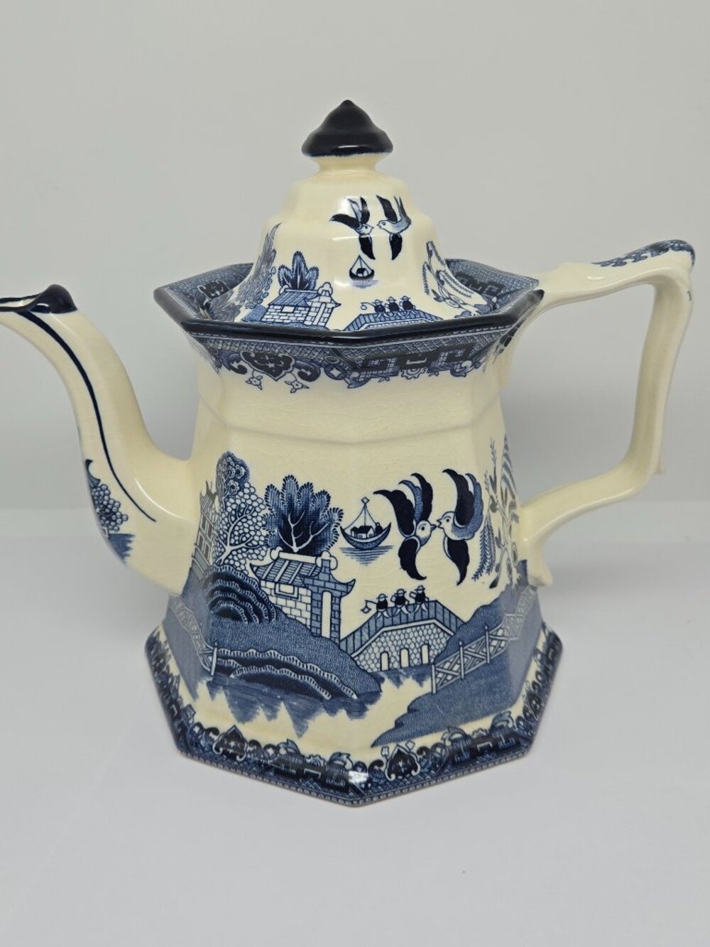 E&C Challinor Ironstone Willow Modern Production Ceramic Teapot, Blue and White - Picture 3 of 16